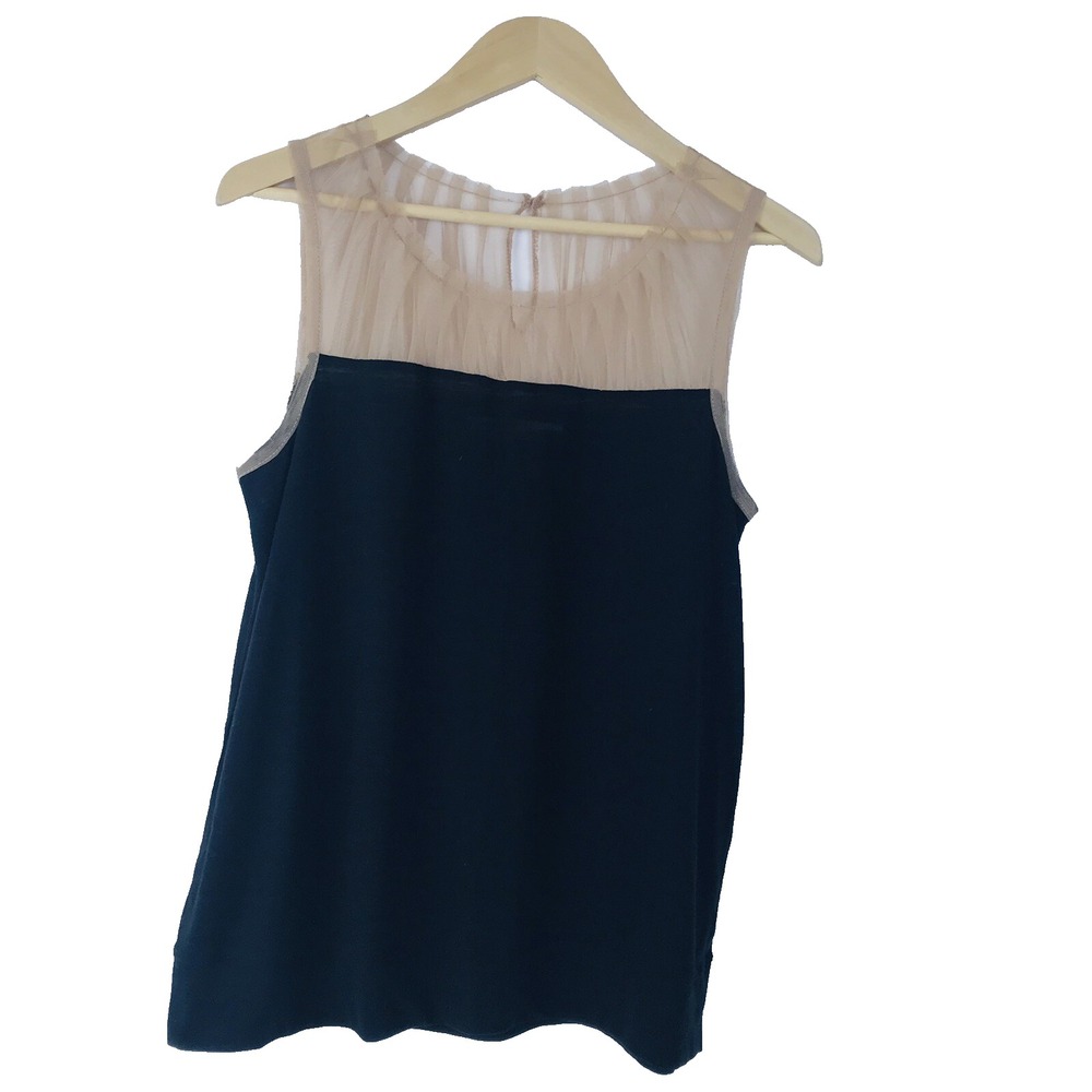 Hi-Line Womens L Black Beige‎ Sleeveless Ruffle Top Blouse Office Casual Chic